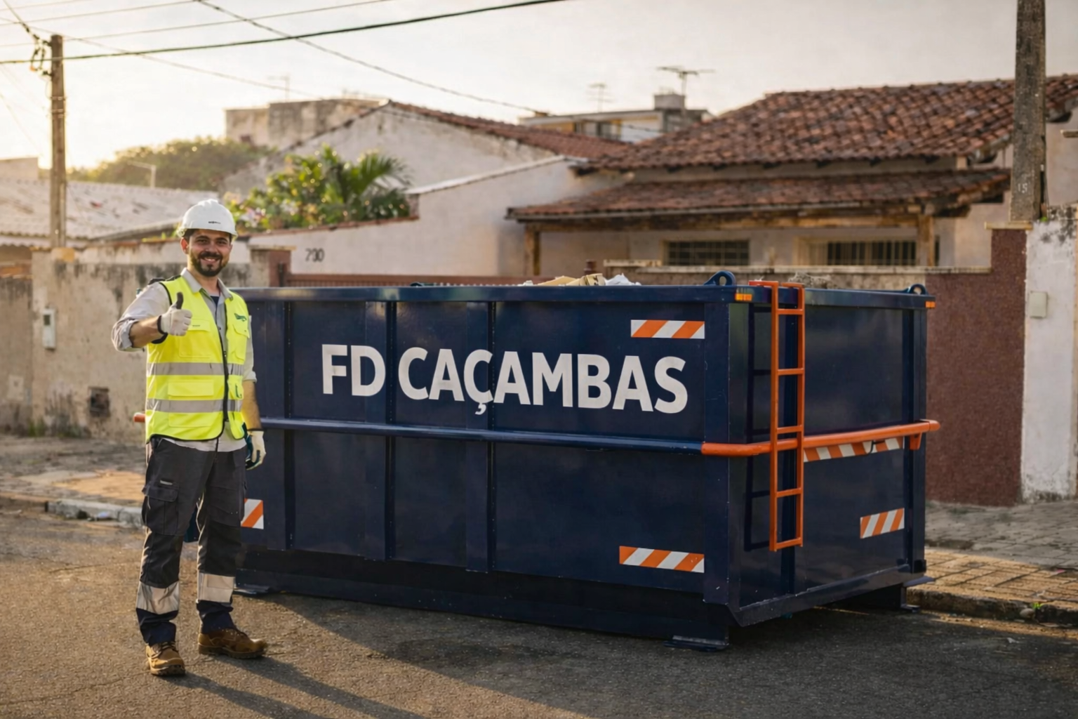 Funcionário FD Caçambas uniformizado ao lado de caçamba em rua residencial